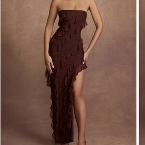Brown strapless dress with ruffles